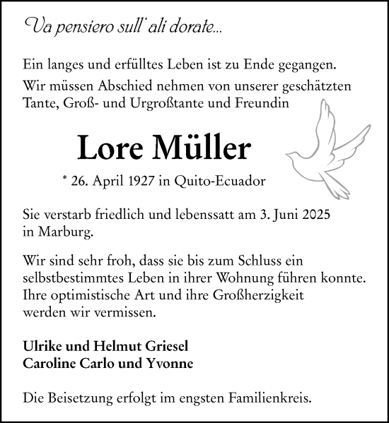 Traueranzeige von Lore Müller von Hinterländer Anzeiger