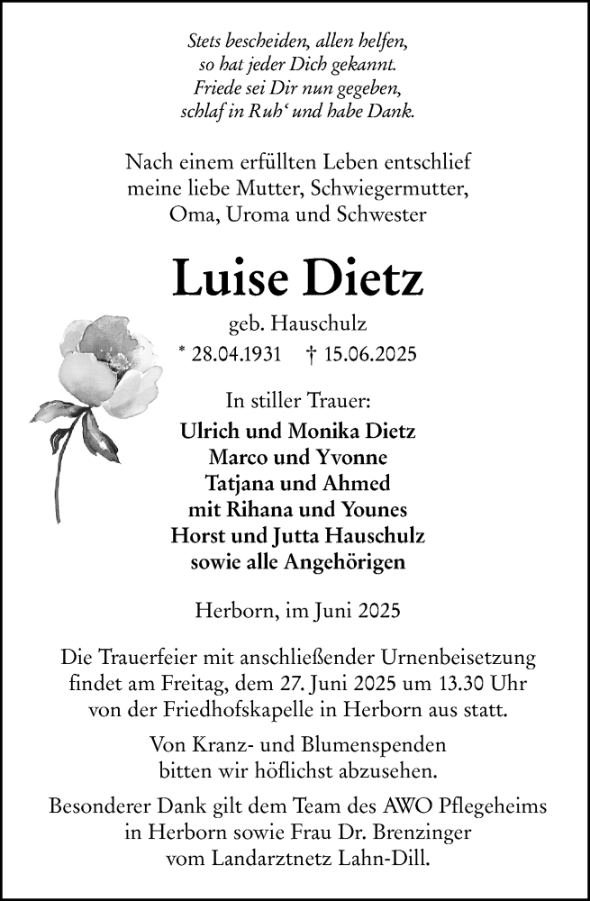  Traueranzeige für Luise Dietz vom 24.06.2025 aus Dill Block