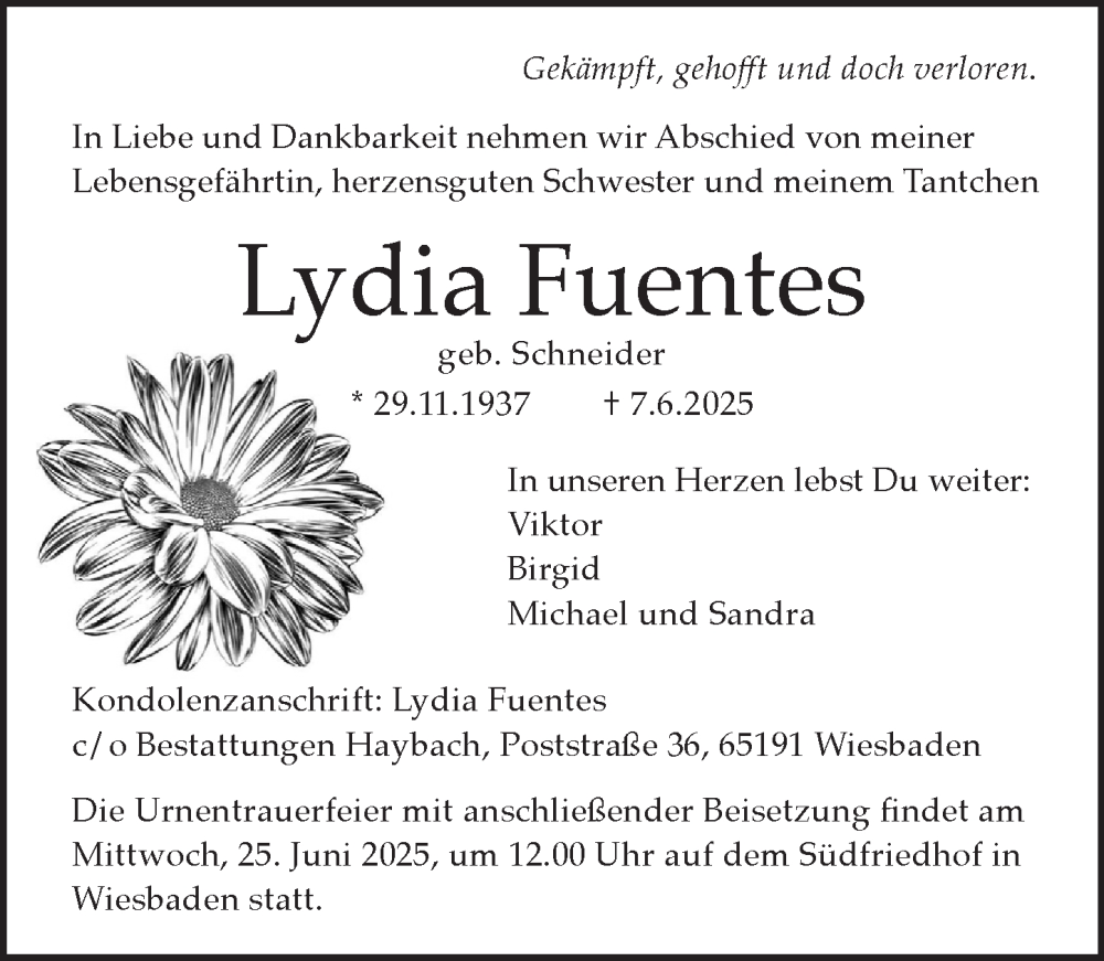  Traueranzeige für Lydia Fuentes vom 21.06.2025 aus Wiesbadener Kurier