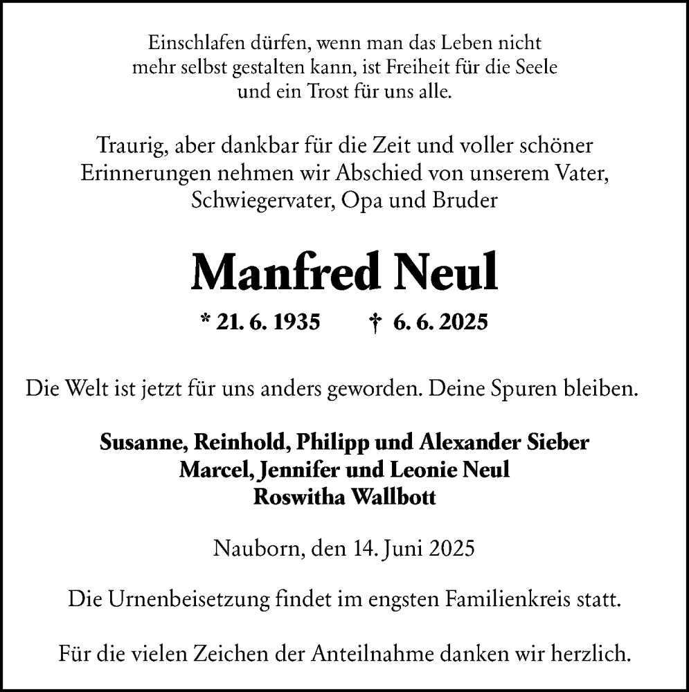  Traueranzeige für Manfred Neul vom 14.06.2025 aus Wetzlarer Neue Zeitung