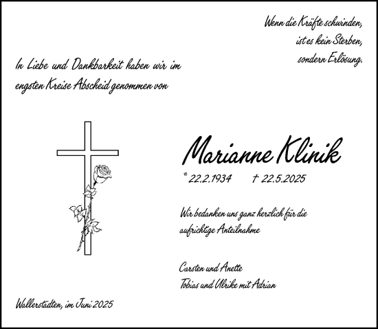 Traueranzeige von Marianne Klinik von Groß-Gerauer Echo