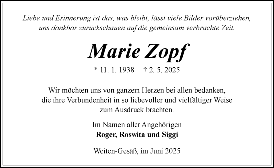 Traueranzeige von Marie Zopf von Odenwälder Echo