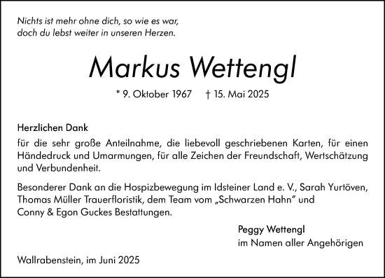 Traueranzeige von Markus Wettengl von Camberger Anzeiger
