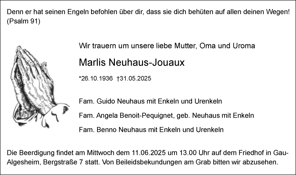  Traueranzeige für Marlis Neuhaus-Jouaux vom 07.06.2025 aus Wiesbadener Kurier