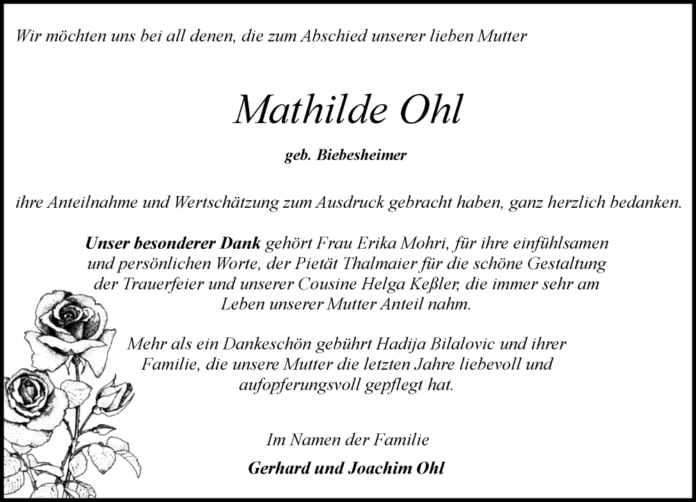  Traueranzeige für Mathilde Ohl vom 07.06.2025 aus Wormser Zeitung