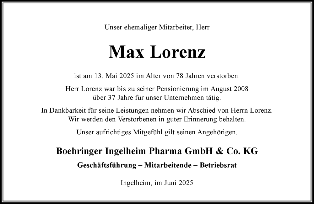  Traueranzeige für Max Lorenz vom 05.06.2025 aus Allgemeine Zeitung Rheinhessen-Nahe