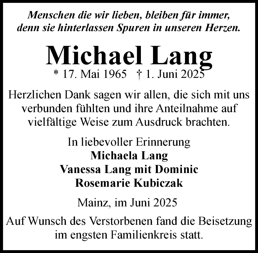  Traueranzeige für Michael Lang vom 28.06.2025 aus Allgemeine Zeitung Mainz