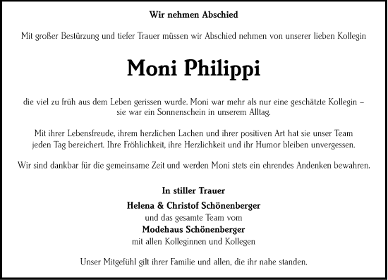 Traueranzeige von Moni Philippi von Allgemeine Zeitung Alzey
