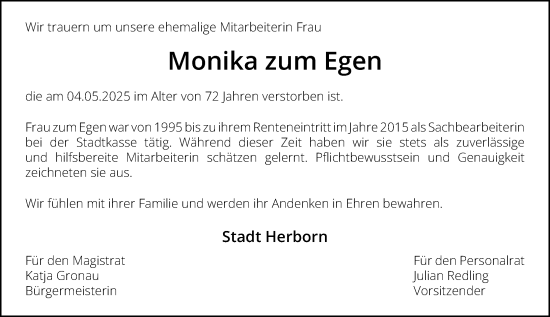 Traueranzeige von Monika zum Egen von Dill Block