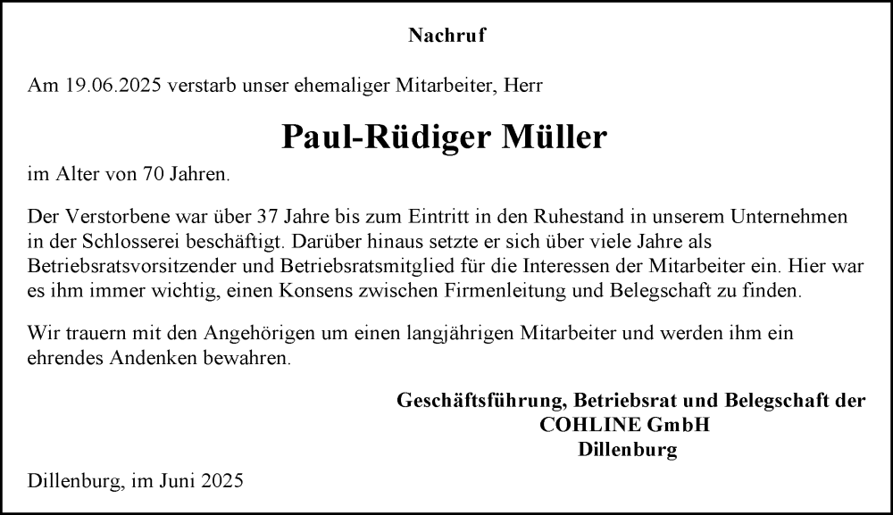  Traueranzeige für Paul-Rüdiger Müller vom 27.06.2025 aus Dill Block