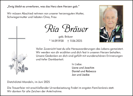 Traueranzeige von Ria Bräuer von Dill Block