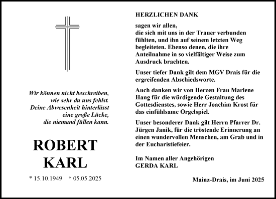 Traueranzeige von Robert Karl von Allgemeine Zeitung Mainz