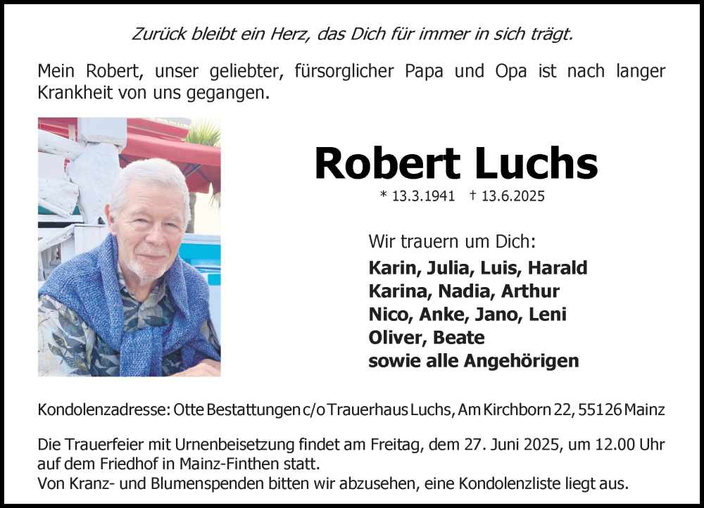  Traueranzeige für Robert Luchs vom 21.06.2025 aus Allgemeine Zeitung Mainz