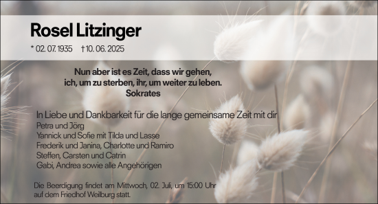 Traueranzeige von Rosel Litzinger von Weilburger Tageblatt