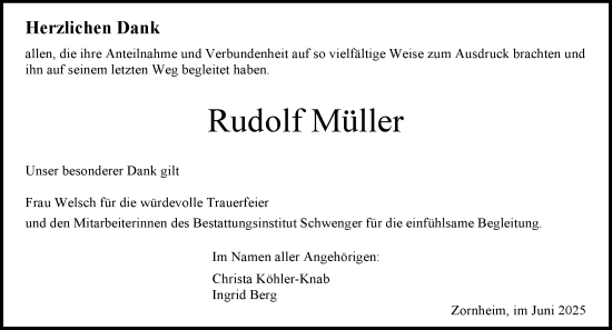 Traueranzeige von Rudolf Müller von Allgemeine Zeitung Mainz