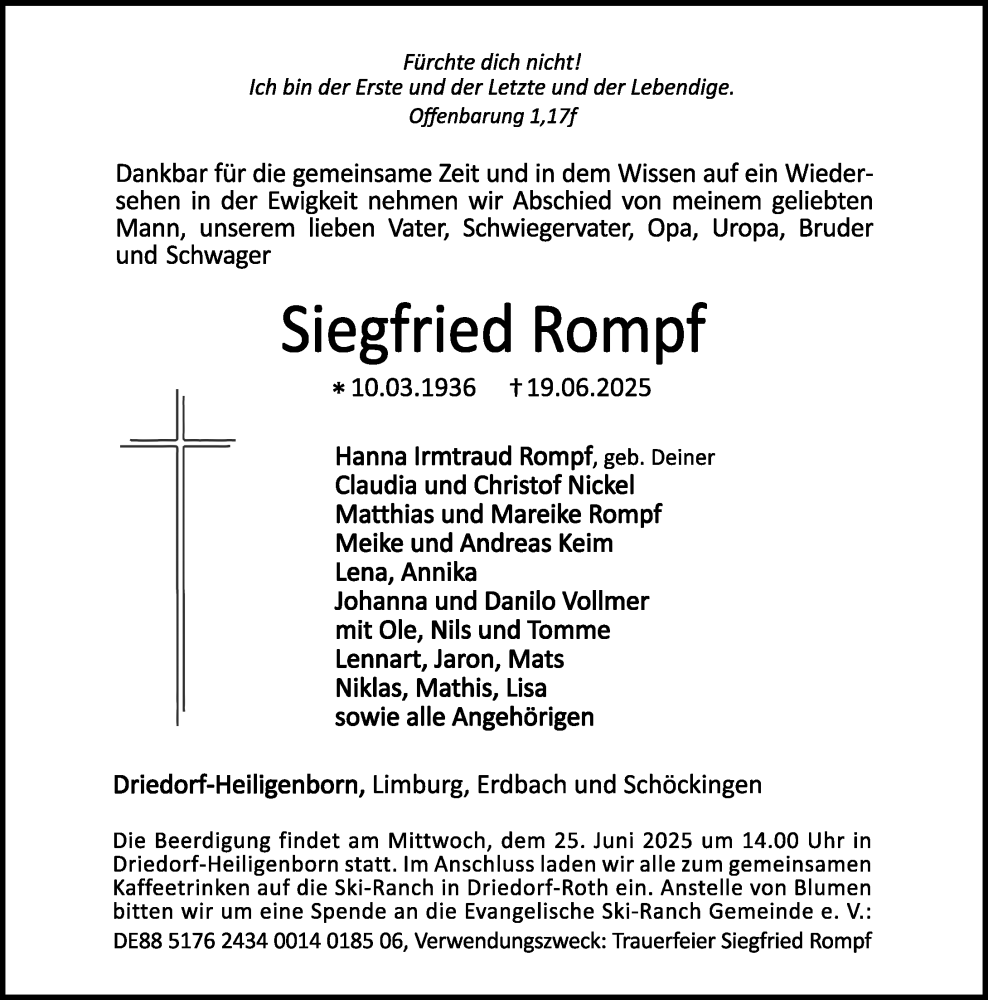  Traueranzeige für Siegfried Rompf vom 23.06.2025 aus Dill Block