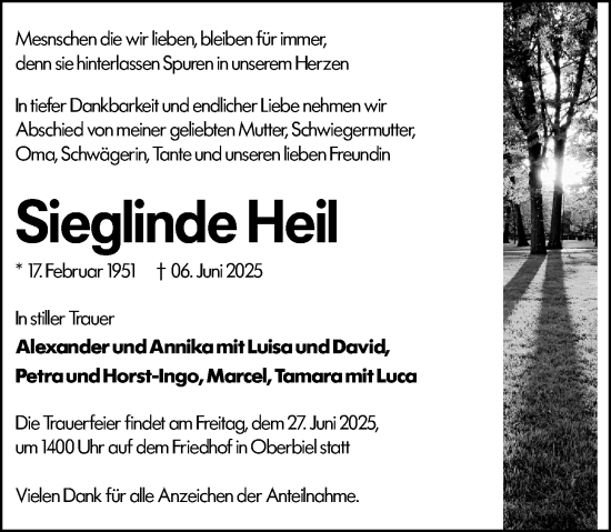 Traueranzeige von Sieglinde Heil von Wetzlarer Neue Zeitung