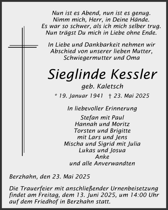Traueranzeige von Sieglinde Kessler von Nassauische Neue Presse