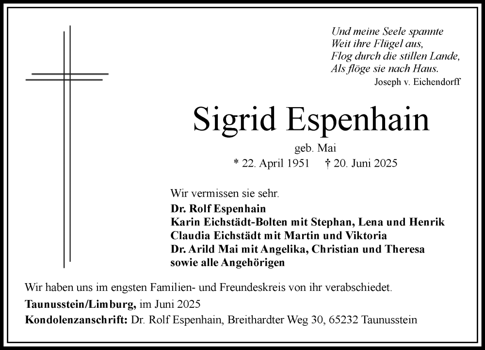  Traueranzeige für Sigrid Espenhain vom 28.06.2025 aus Wiesbadener Kurier