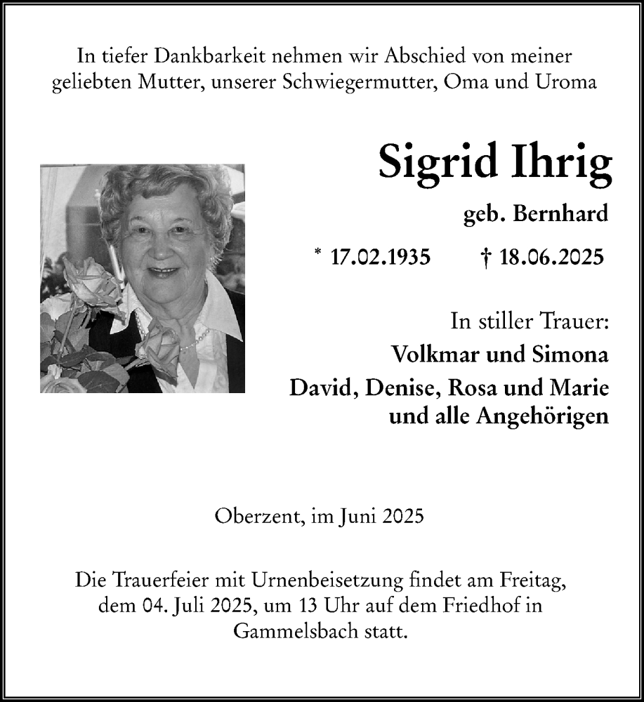  Traueranzeige für Sigrid Ihrig vom 28.06.2025 aus Odenwälder Echo