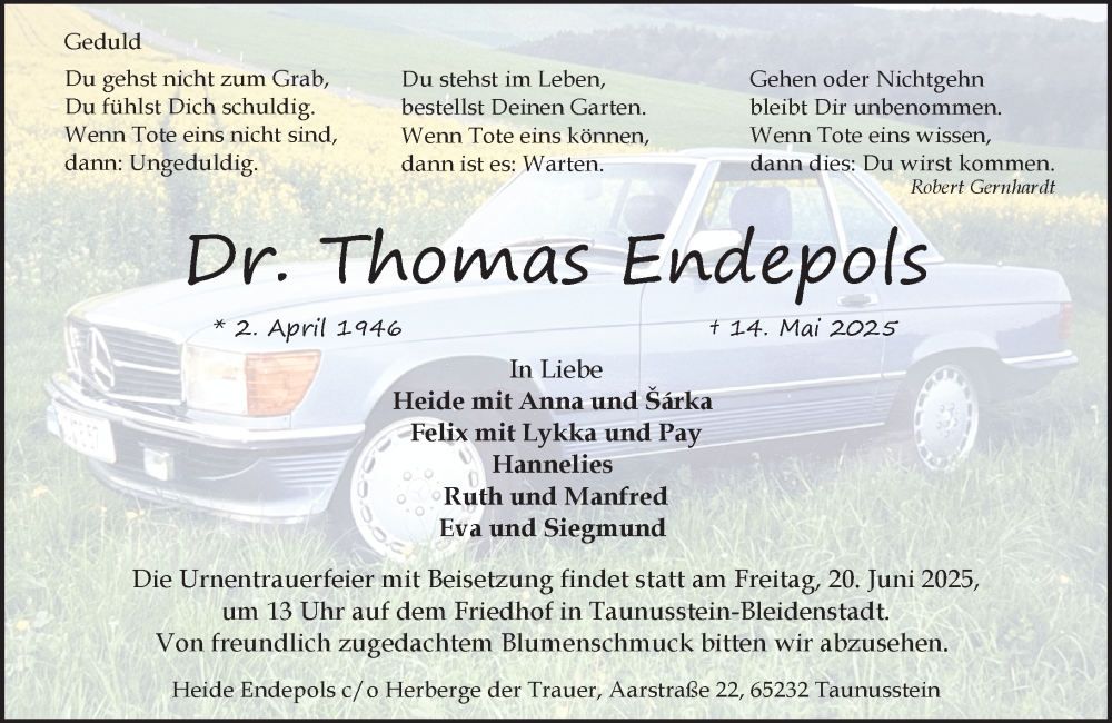  Traueranzeige für Thomas Endepols vom 07.06.2025 aus Idsteiner Land/Untertaunus