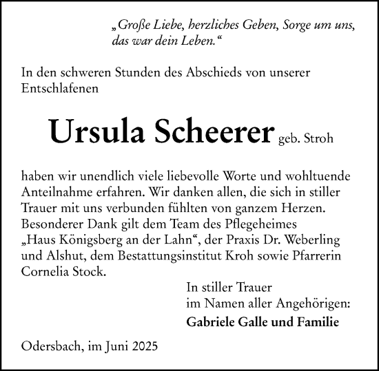 Traueranzeige von Ursula Scheerer von Weilburger Tageblatt