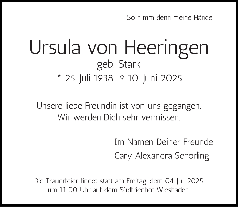  Traueranzeige für Ursula von Heeringen vom 21.06.2025 aus Wiesbadener Kurier
