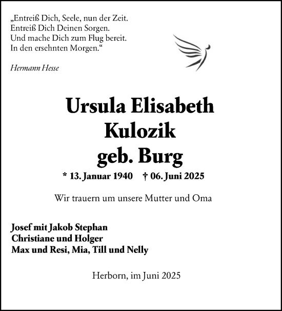 Traueranzeige von Ursula Elisabeth Kulozik von Dill Block