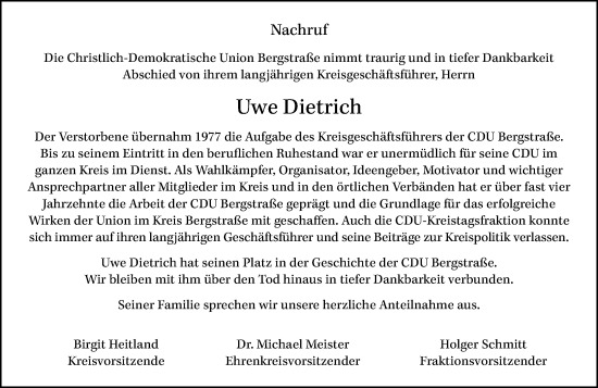 Traueranzeige von Uwe Dietrich von Starkenburger Echo