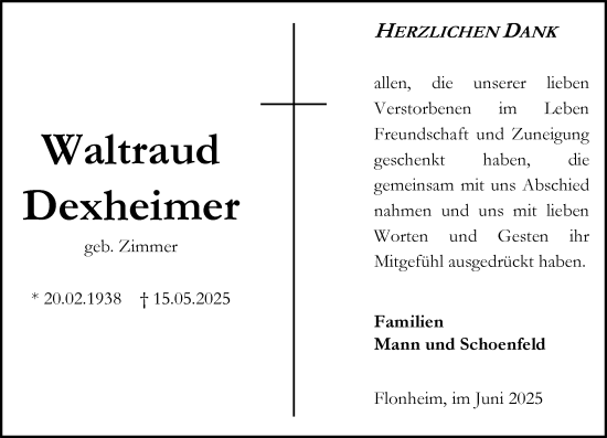 Traueranzeige von Waltraud Dexheimer von Allgemeine Zeitung Alzey