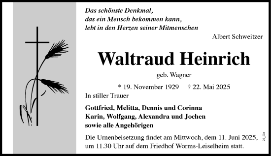 Traueranzeige von Waltraud Heinrich von Wormser Zeitung