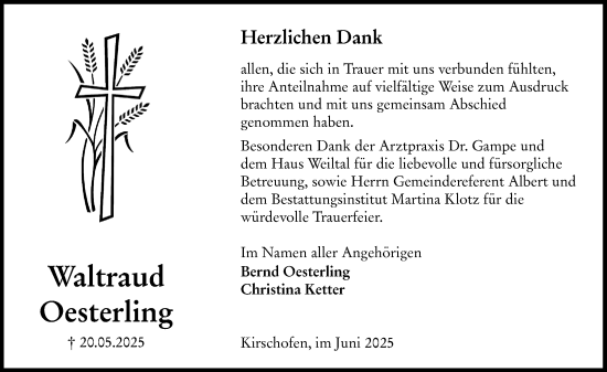 Traueranzeige von Waltraud Oesterling von Weilburger Tageblatt