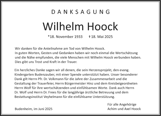 Traueranzeige von Wilhelm Hoock von Allgemeine Zeitung Mainz