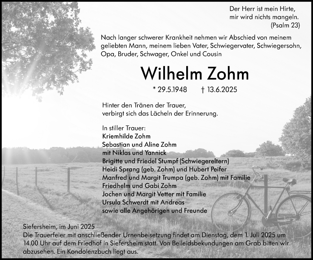  Traueranzeige für Wilhelm Zohm vom 25.06.2025 aus Allgemeine Zeitung Alzey