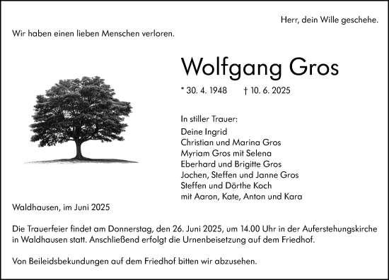 Traueranzeige von Wolfgang Gros von Weilburger Tageblatt