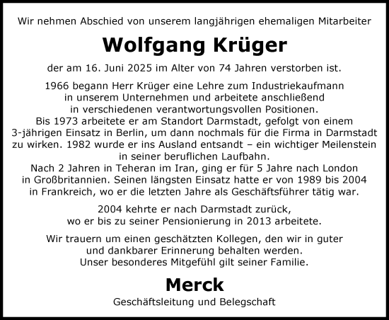 Traueranzeige von Wolfgang Krüger von Darmstädter Echo