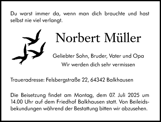 Traueranzeige von Norbert Müller von Allgemeine Zeitung Mainz