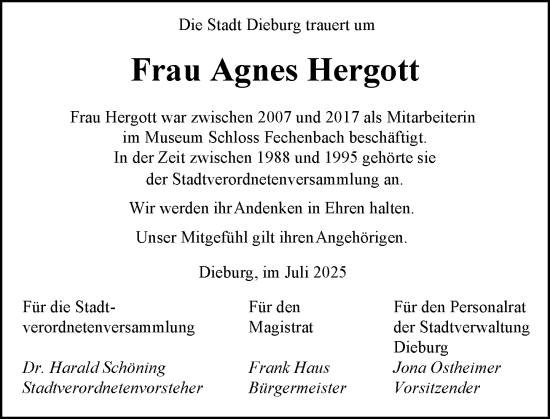 Traueranzeige von Agnes Hergott von Dieburger Anzeiger/Groß-Zimmerner Lokal-Anzeiger