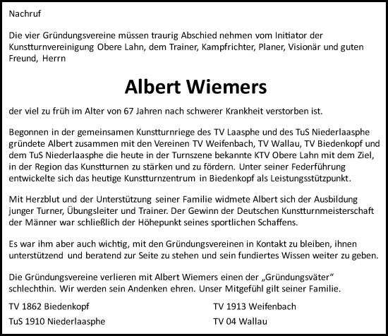 Traueranzeige von Albert Wiemers von Hinterländer Anzeiger