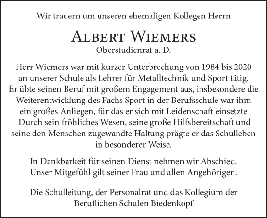 Traueranzeige von Albert Wiemers von Hinterländer Anzeiger