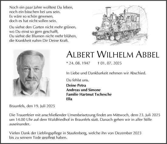 Traueranzeige von Albert Wilhelm Abbel von Wetzlarer Neue Zeitung