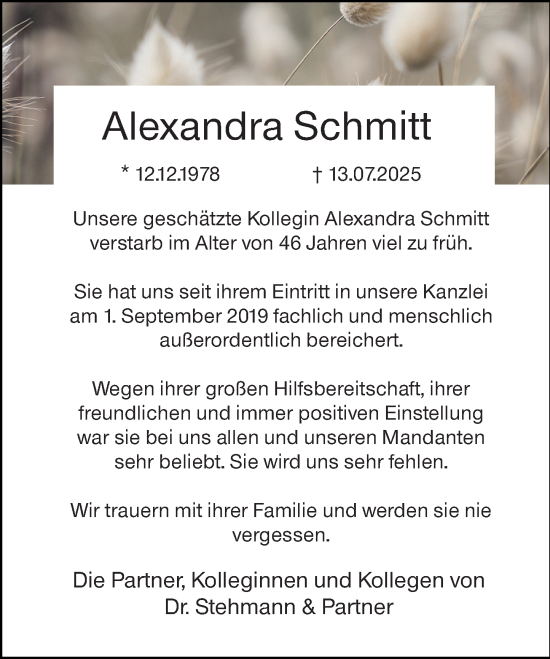 Traueranzeige von Alexandra Schmitt von Dill Block