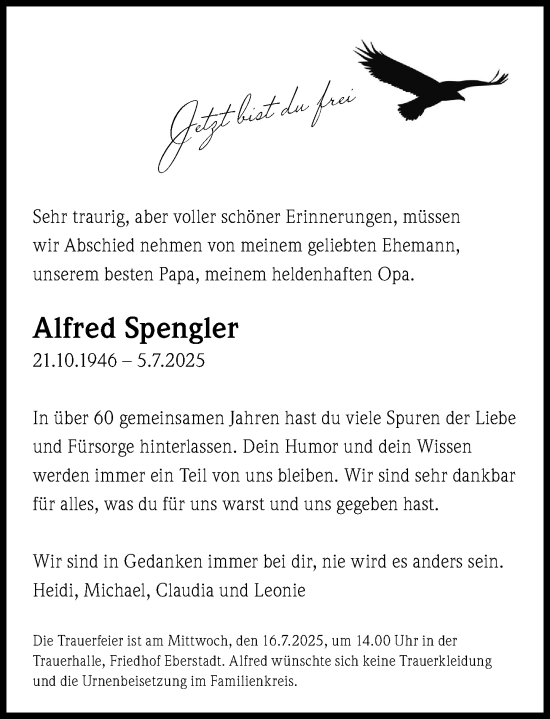 Traueranzeige von Alfred Spengler von Darmstädter Echo