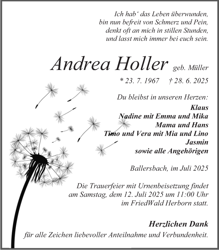  Traueranzeige für Andrea Holler vom 05.07.2025 aus Dill Block