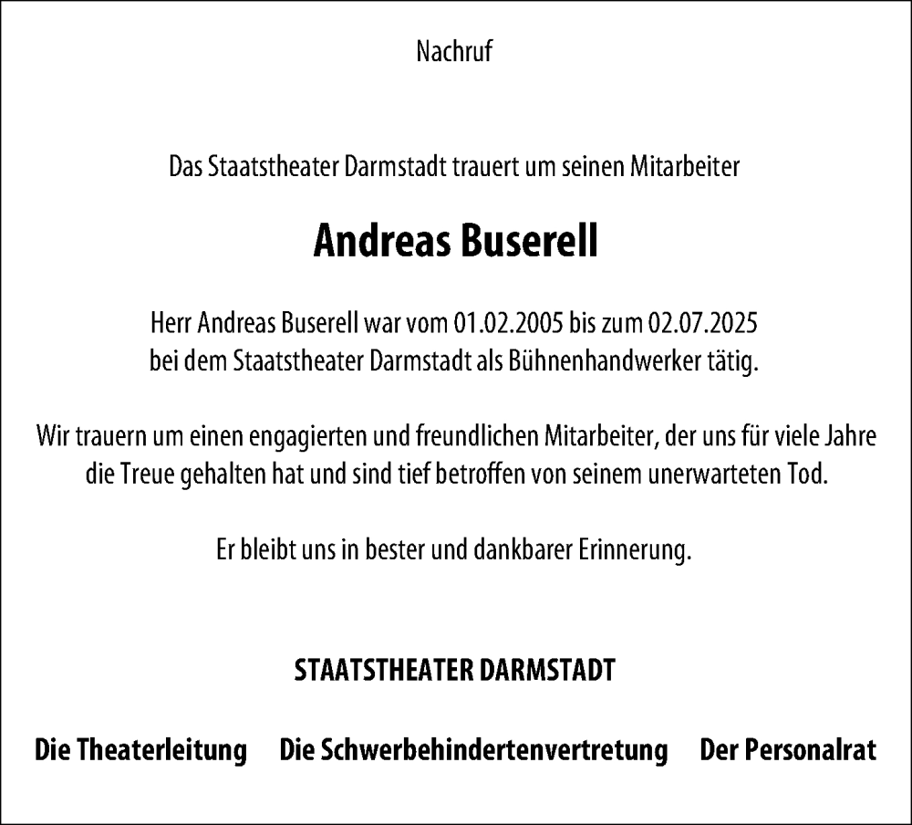  Traueranzeige für Andreas Buserell vom 19.07.2025 aus Darmstädter Echo