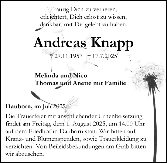 Traueranzeige von Andreas Knapp von Camberger Anzeiger