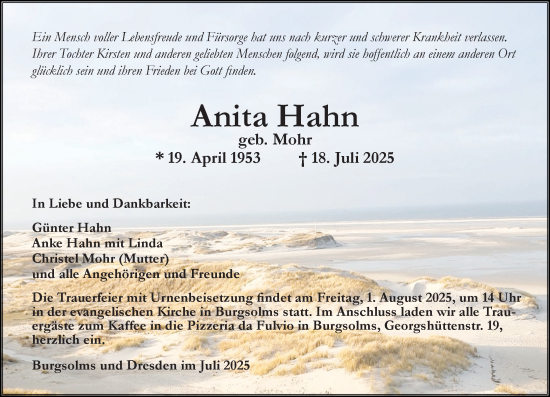 Traueranzeige von Anita Hahn von Wetzlarer Neue Zeitung