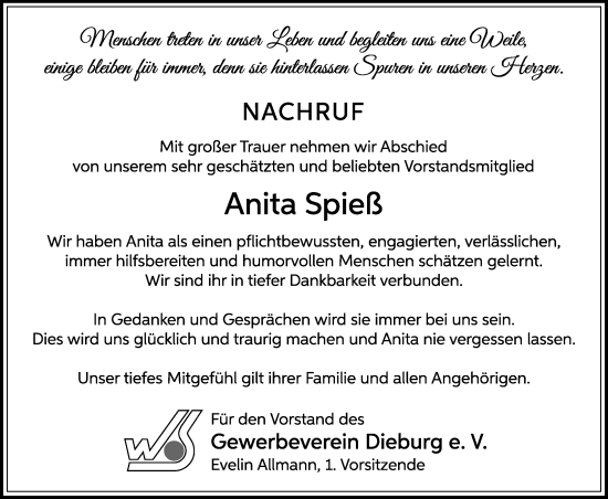 Traueranzeige von Anita Spiel von Dieburger Anzeiger/Groß-Zimmerner Lokal-Anzeiger