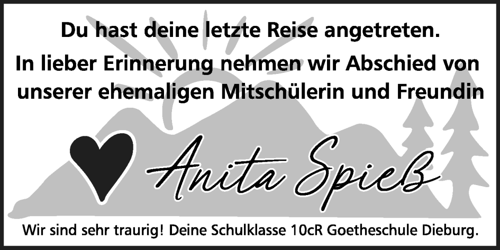  Traueranzeige für Anita Spieß vom 12.07.2025 aus Dieburger Anzeiger/Groß-Zimmerner Lokal-Anzeiger
