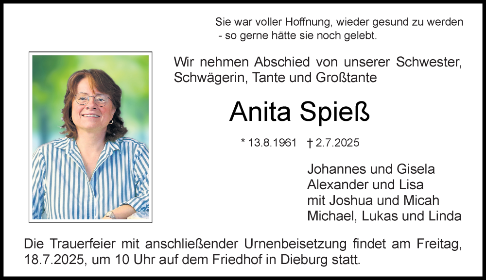  Traueranzeige für Anita Spieß vom 12.07.2025 aus Dieburger Anzeiger/Groß-Zimmerner Lokal-Anzeiger